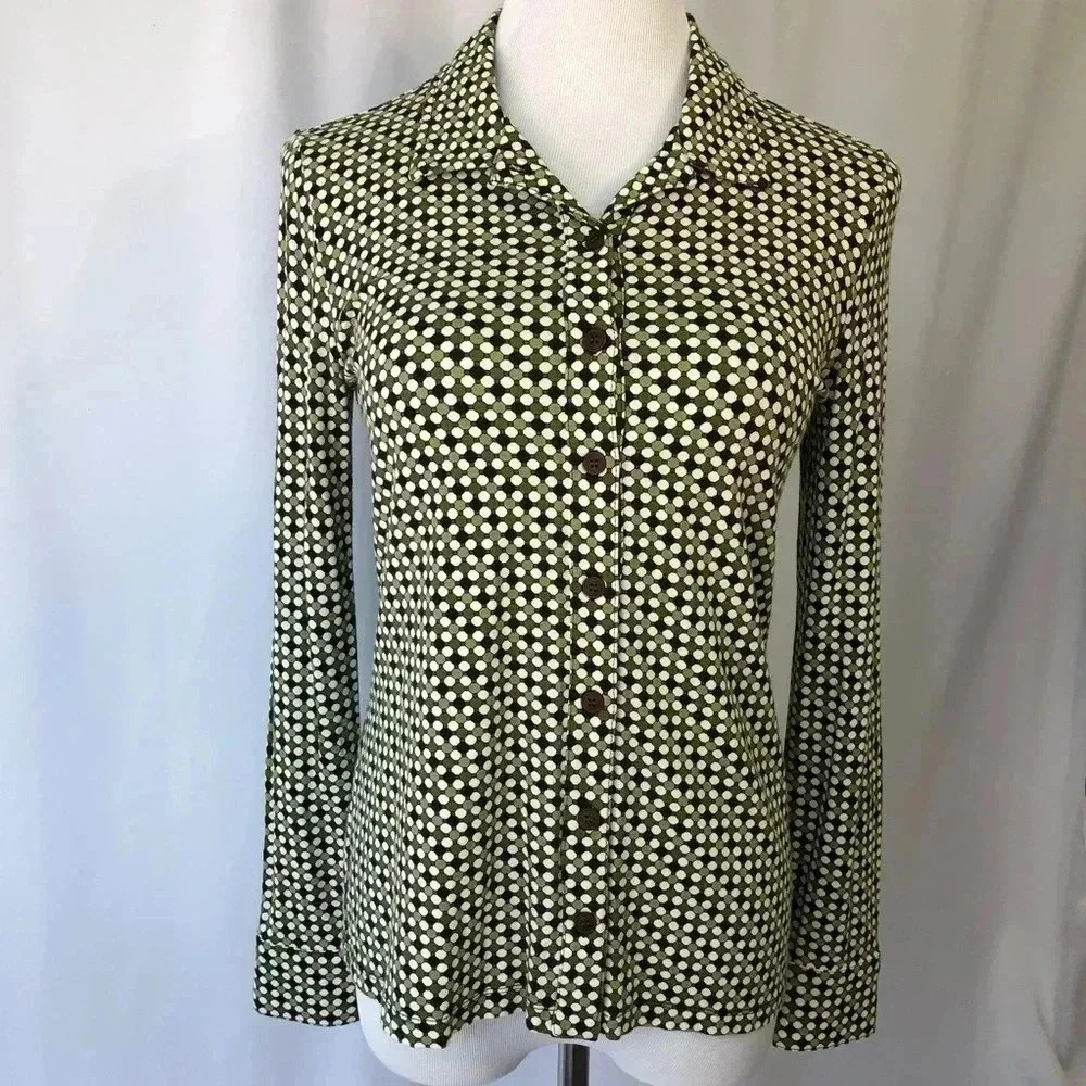 Talbots Button Down Shirt Women Small Green Black Polka Dot Geometric LS‎